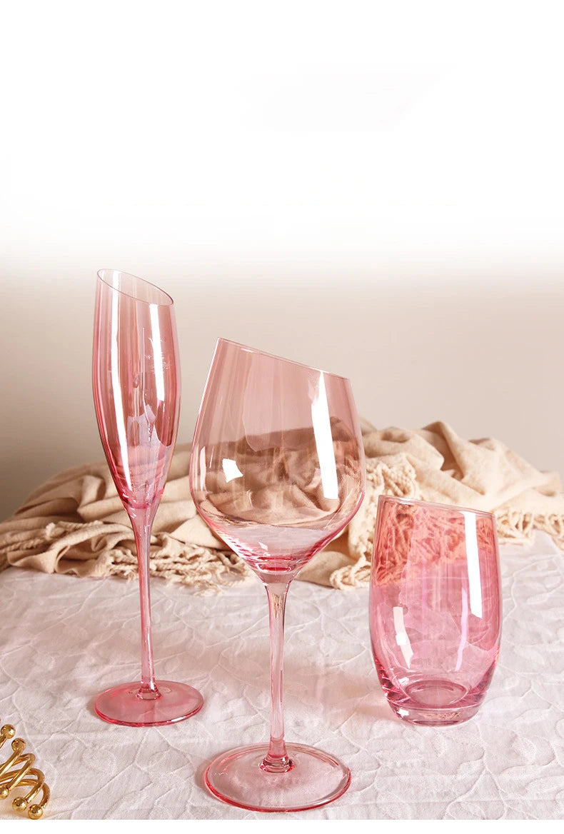 Flamingo Slanted Pink Crystal Champagne Goblet - Elegant Hand-Blown Glassware Set