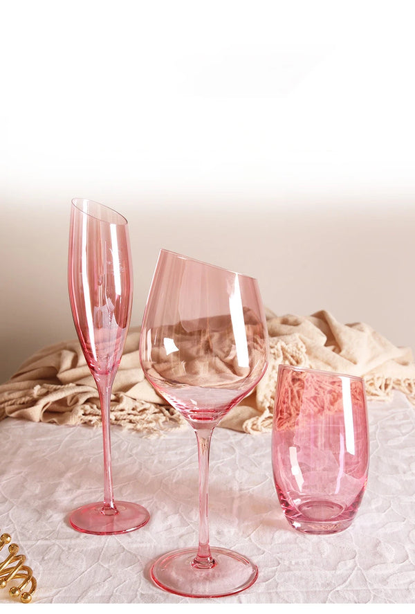 Flamingo Slanted Pink Crystal Champagne Goblet - Elegant Hand-Blown Glassware Set