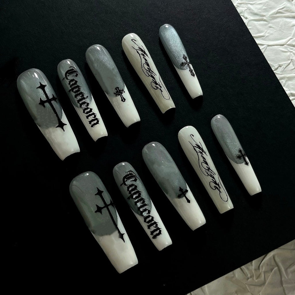 Gothic Press On Nails - Long Coffin Fake Nail Set with Tool Kit from Mish Mash Market
