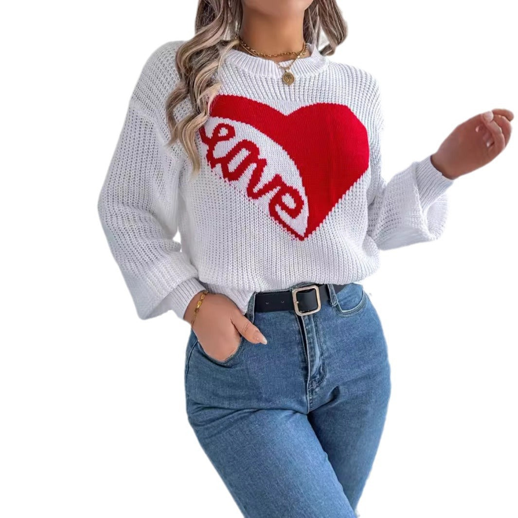 Red Heart Patch Long Sleeve Sweater – Women's Casual Valentine's Day Pullover from Mish Mash Market