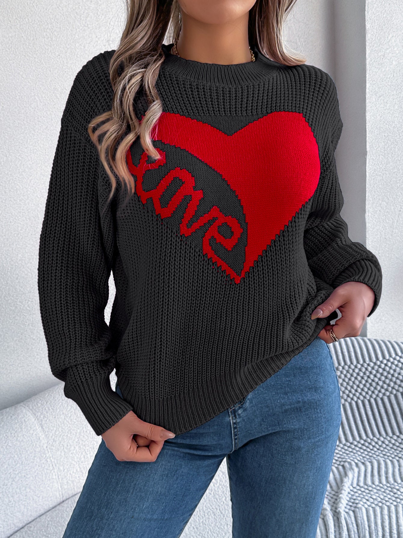 Red Heart Patch Long Sleeve Sweater – Women's Casual Valentine's Day Pullover from Mish Mash Market