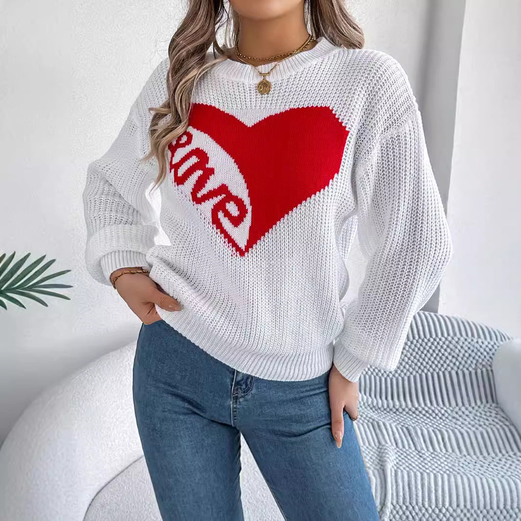 Red Heart Patch Long Sleeve Sweater – Women's Casual Valentine's Day Pullover from Mish Mash Market