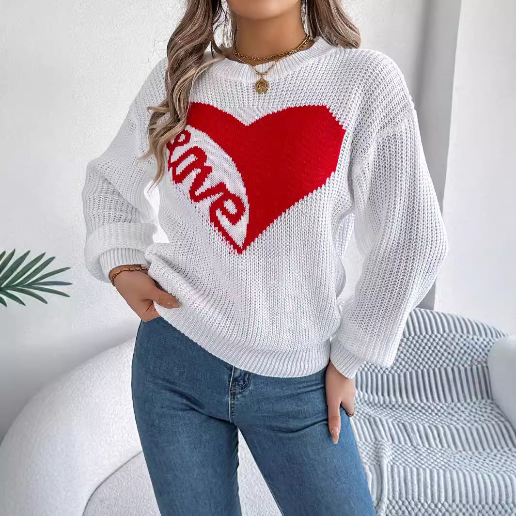 Red Heart Patch Long Sleeve Sweater – Women's Casual Valentine's Day Pullover from Mish Mash Market