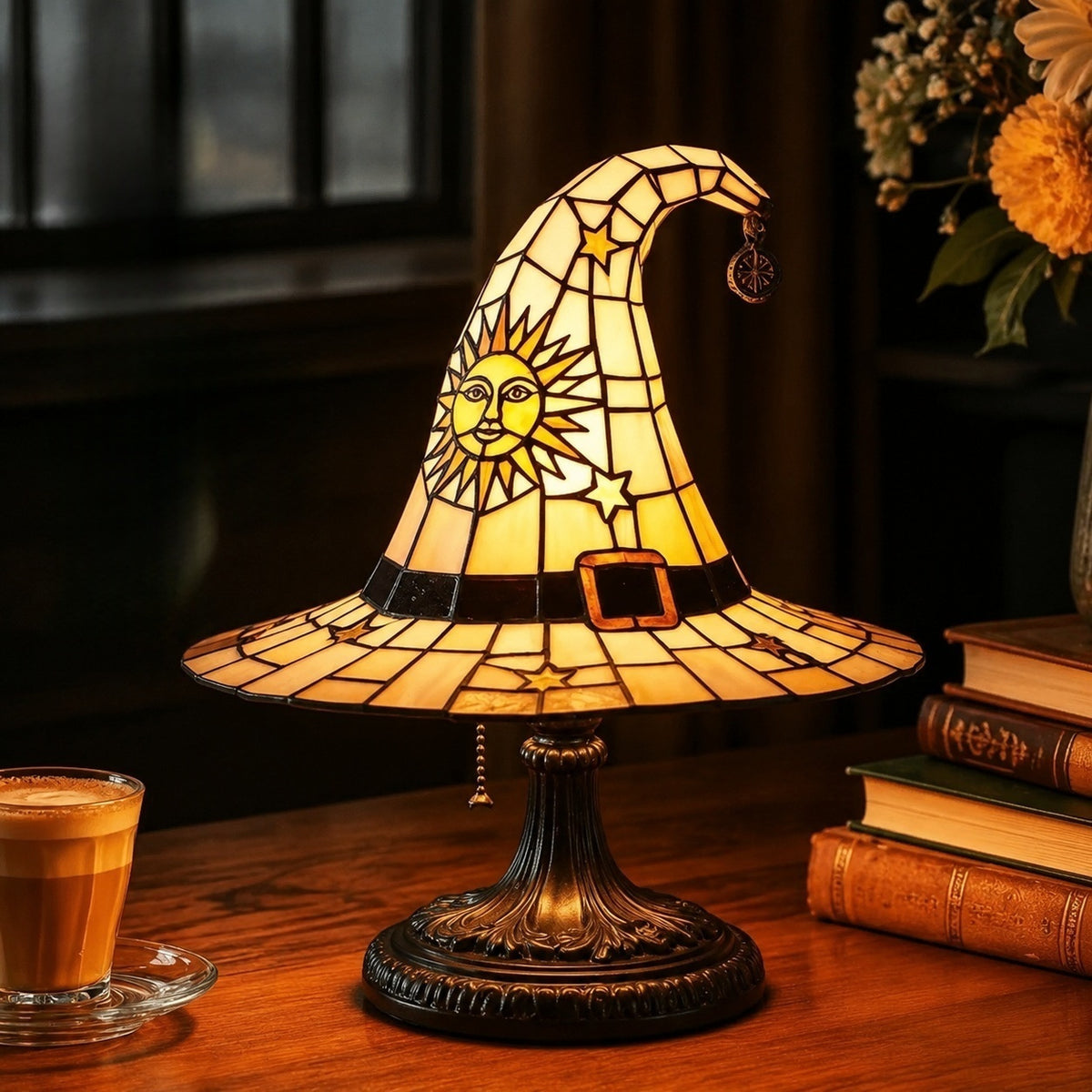 Stained Glass Witch Hat Table Lamp - USB Powered Halloween Resin Decor from Mish Mash Market