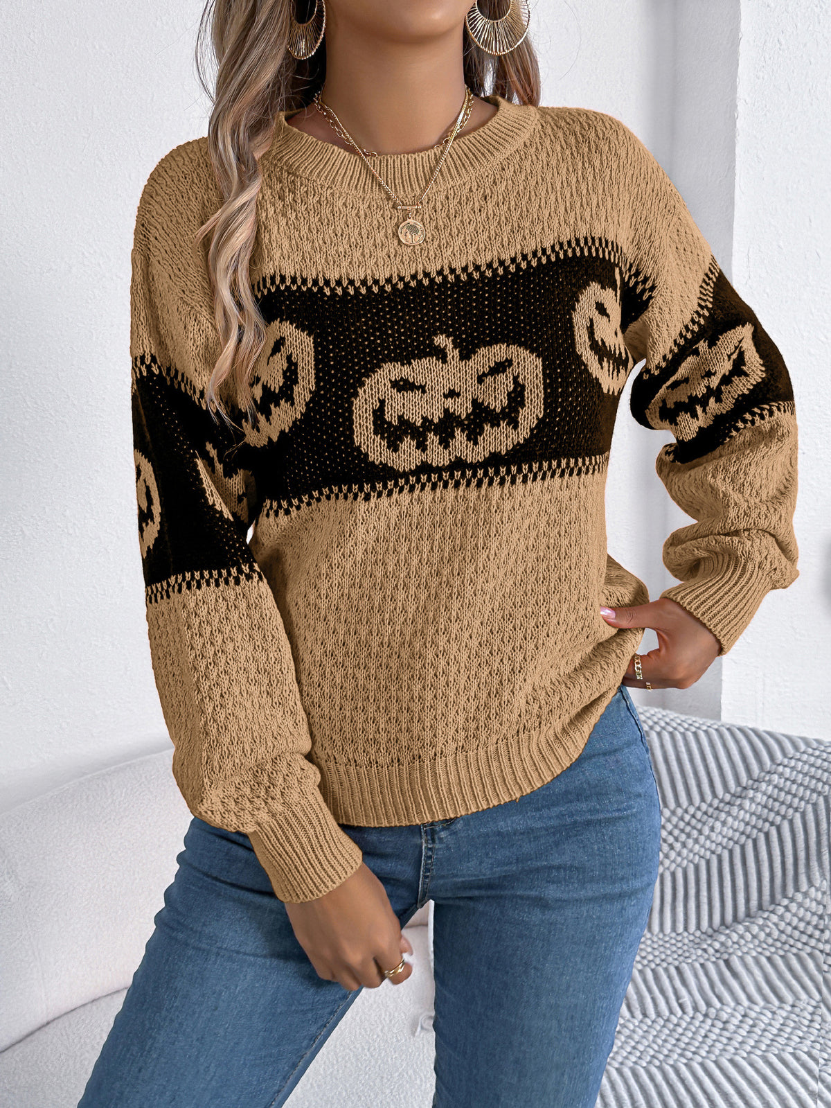 Women's Halloween Pumpkin Face Colorblock Knit Sweater from Mish Mash Market