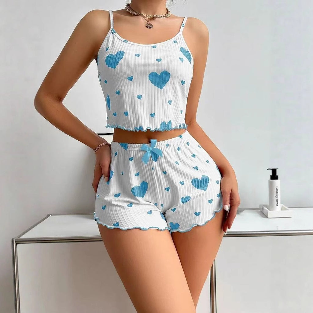 Women’s Two-Piece Love Heart Print Pajamas – Sleeveless Crop Top and Ruffle Shorts Set from Mish Mash Market