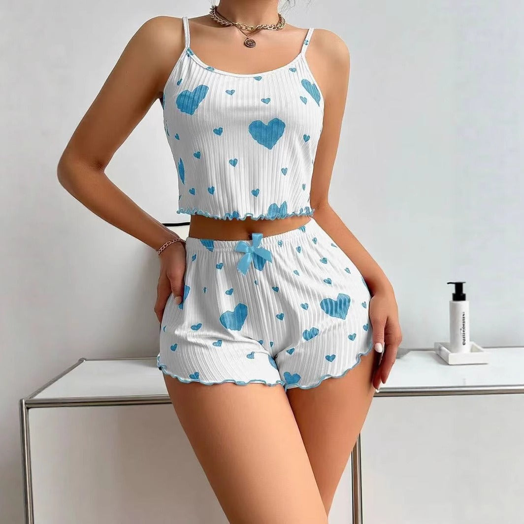Women’s Two-Piece Love Heart Print Pajamas – Sleeveless Crop Top and Ruffle Shorts Set
