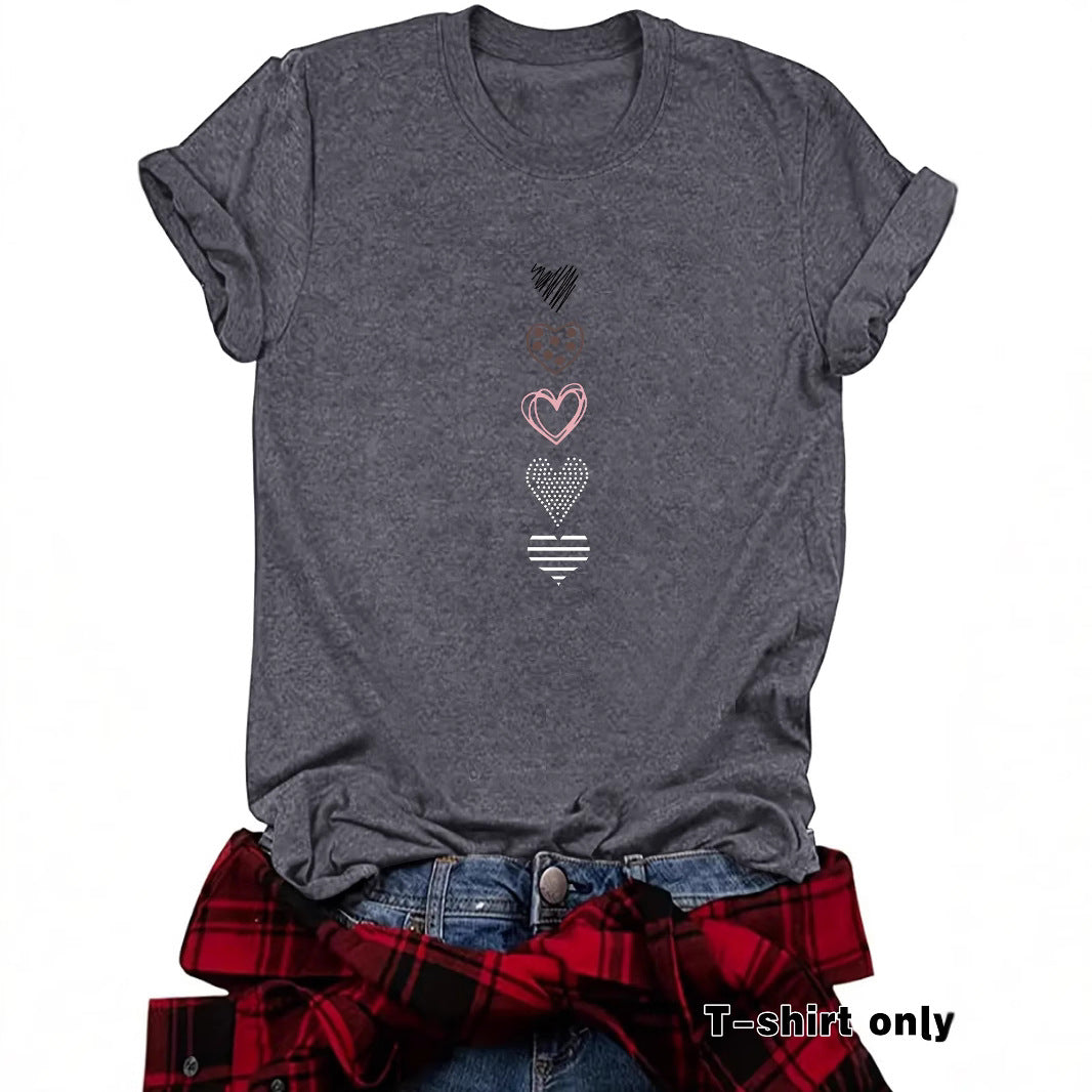 Women’s Love Pattern Printed Top – Casual Crew Neck Short Sleeve Graphic T-Shirt