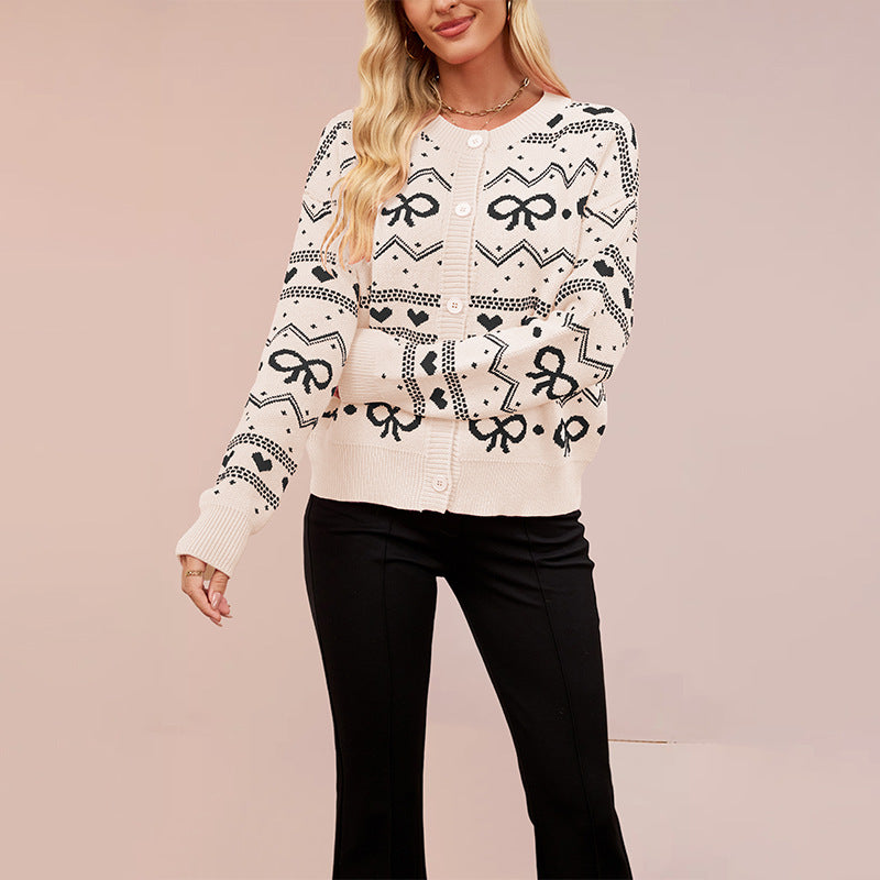 Women’s Valentine's Day Heart Pattern Cardigan – V-Neck Long Sleeve Knitted Sweater Jacket