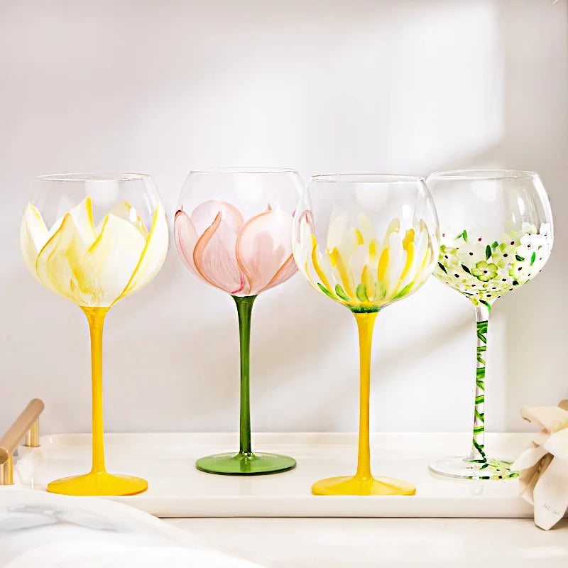 Hand-Painted Floral Glass Goblet – Elegant Flower Stemware for Weddings & Parties from Mish Mash Market