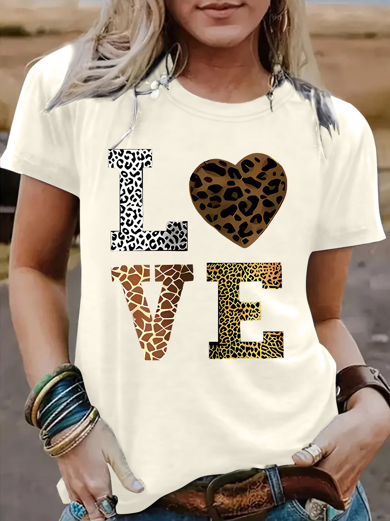 Women’s Leopard Print Love Heart T-Shirt – Short Sleeve Crew Neck Graphic Tee