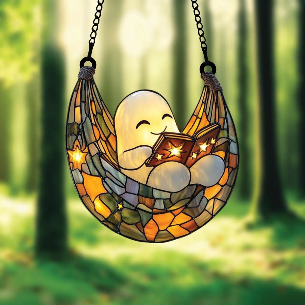 Stained Glass Ghost Reading Light Catcher Hanging Ornament - Halloween Window Decoration from Mish Mash Market