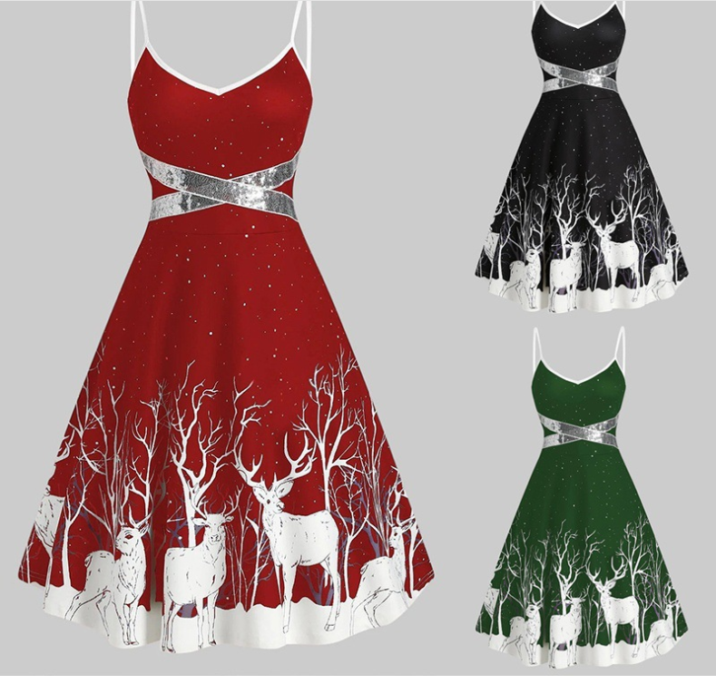 Women's Christmas Deer Print A-Line Dress with Silver Accent Trim