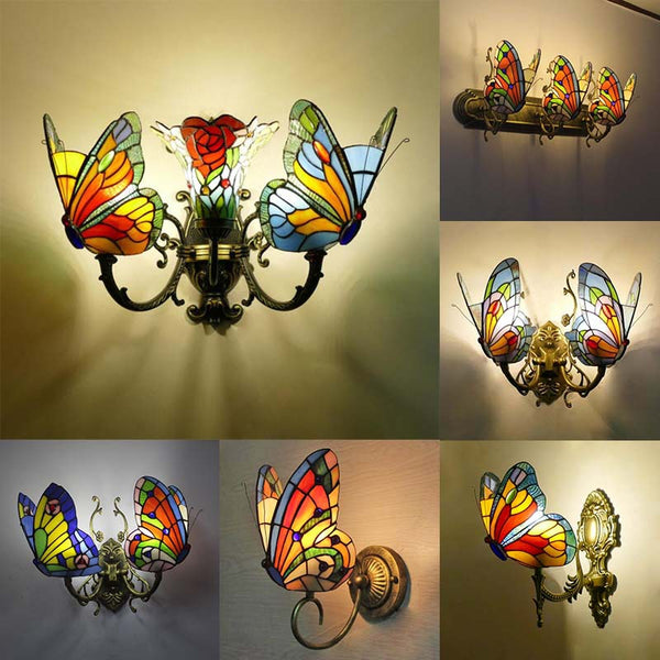 Tiffany Style Stained Glass Butterfly Wall Sconce – Colorful Vintage Accent Lighting
