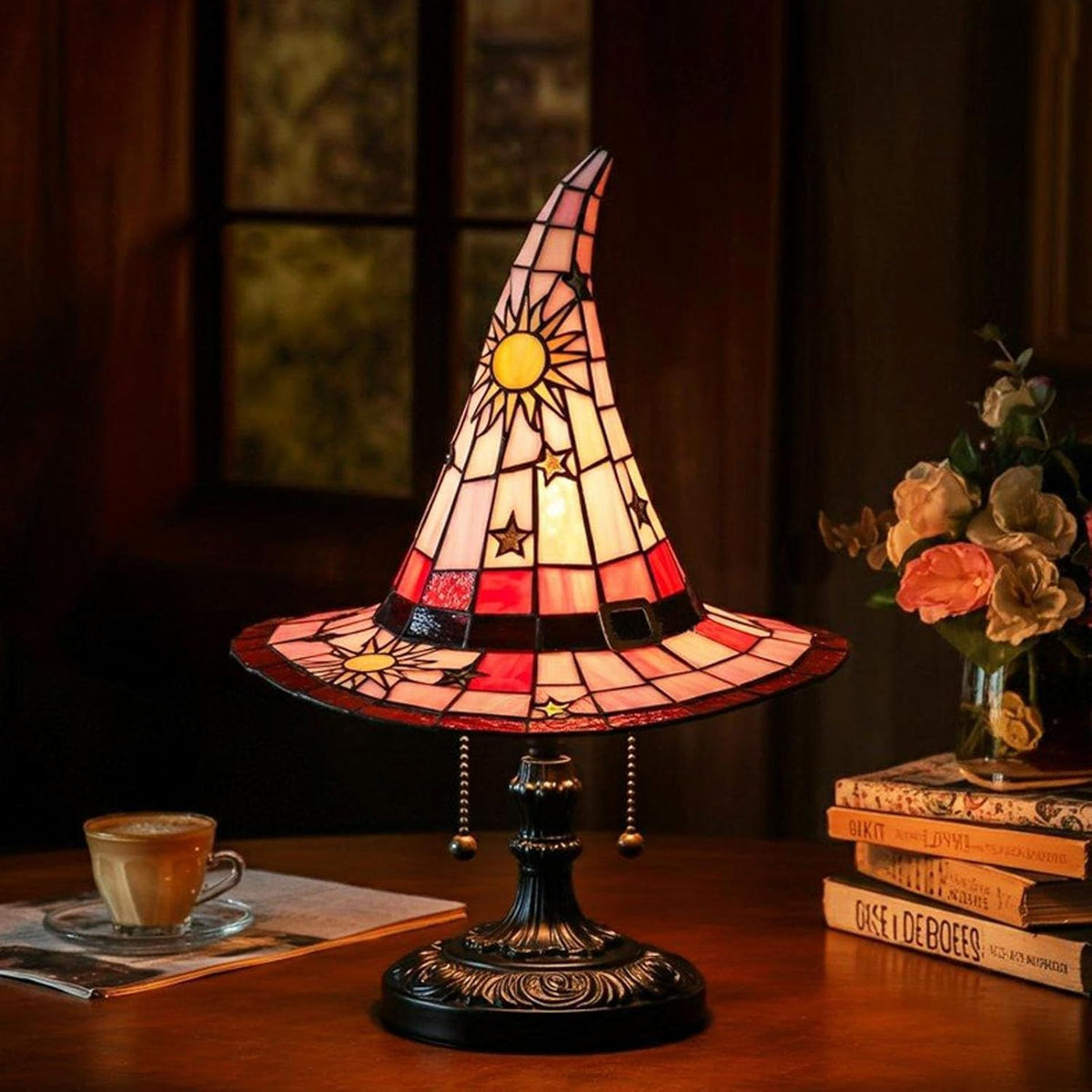 Stained Glass Witch Hat Table Lamp - USB Powered Halloween Resin Decor from Mish Mash Market