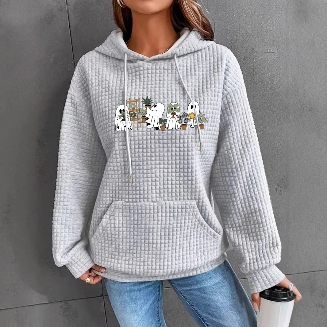 Women's Waffle Knit Halloween Ghost Graphic Hoodie with Kangaroo Pocket from Mish Mash Market