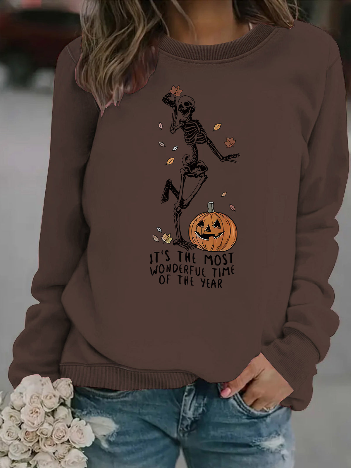 Pumpkin Skull Halloween Sweatshirt - Skeleton Graphic Print Pullover from Mish Mash Market