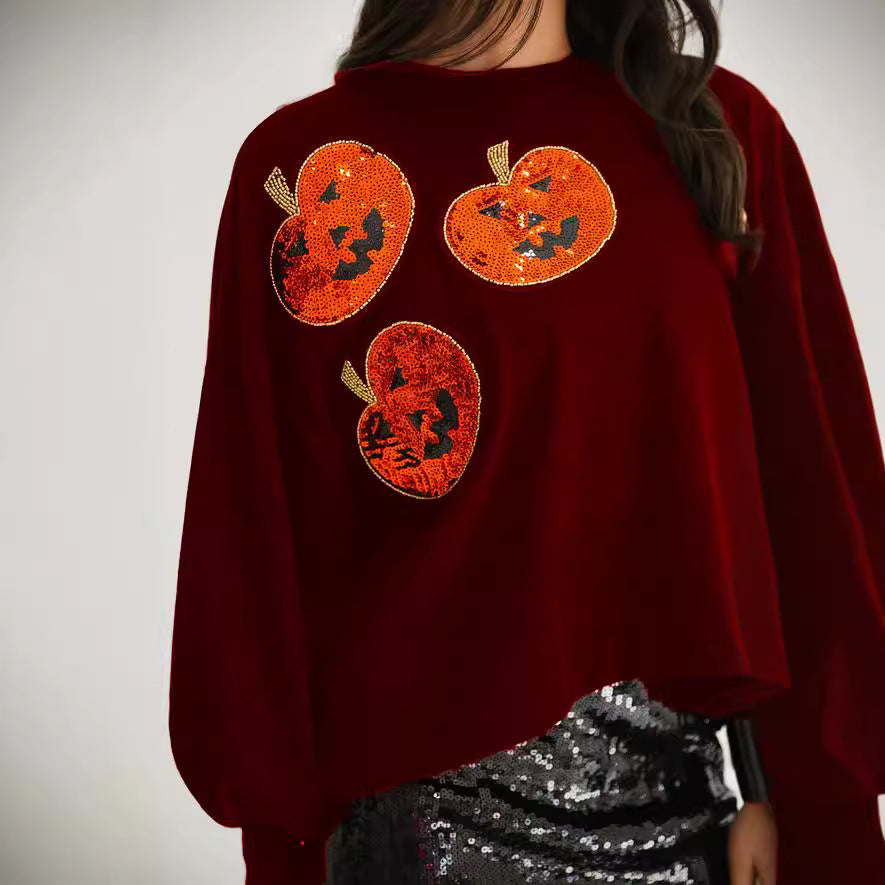 Women's Halloween Pumpkin Sequin Long Sleeve Hoodie - Loose Fit Casual Sweatshirt from Mish Mash Market