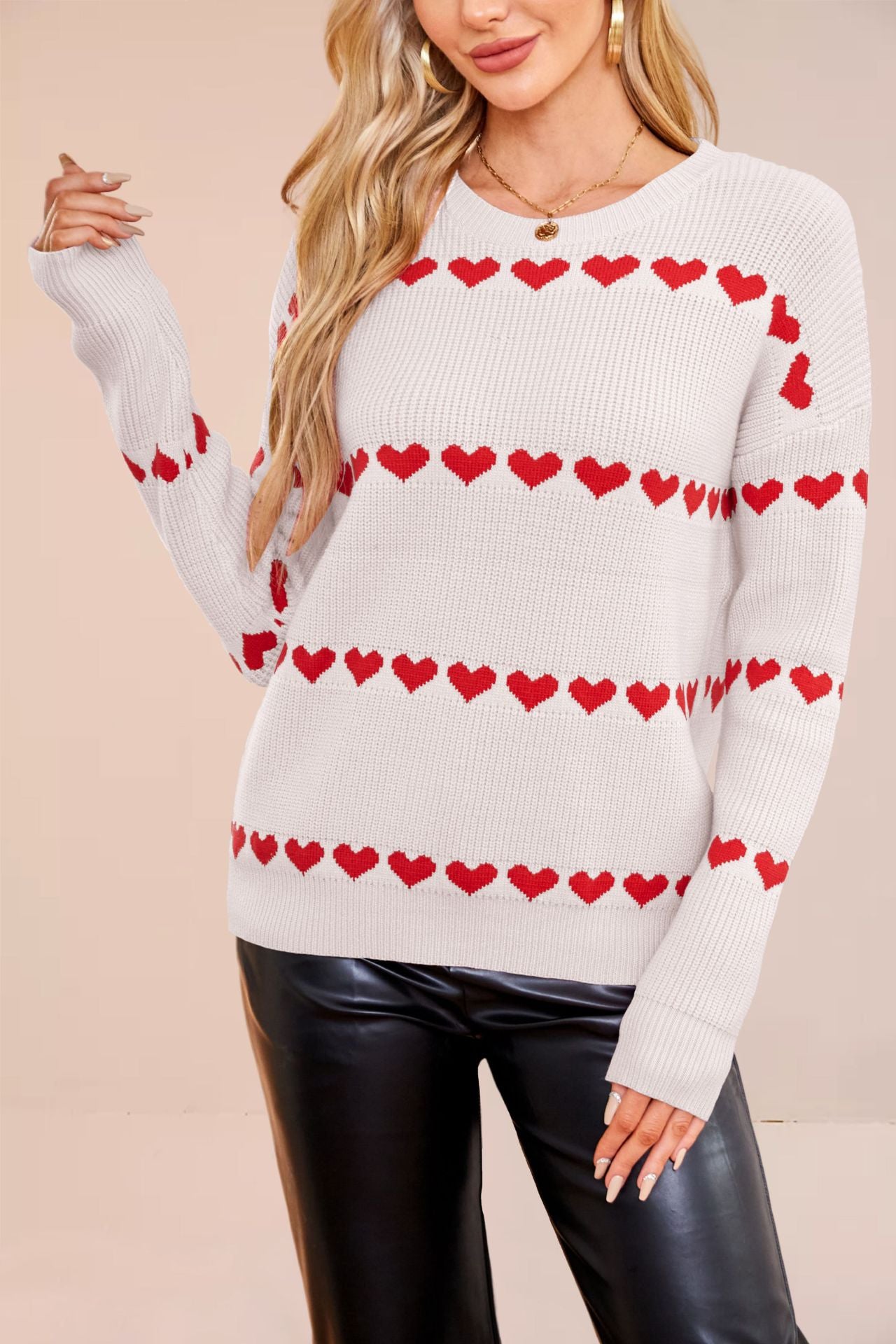 Women’s Heart Print Knitted Sweater – Casual Loose Crew Neck Pullover Knitwear