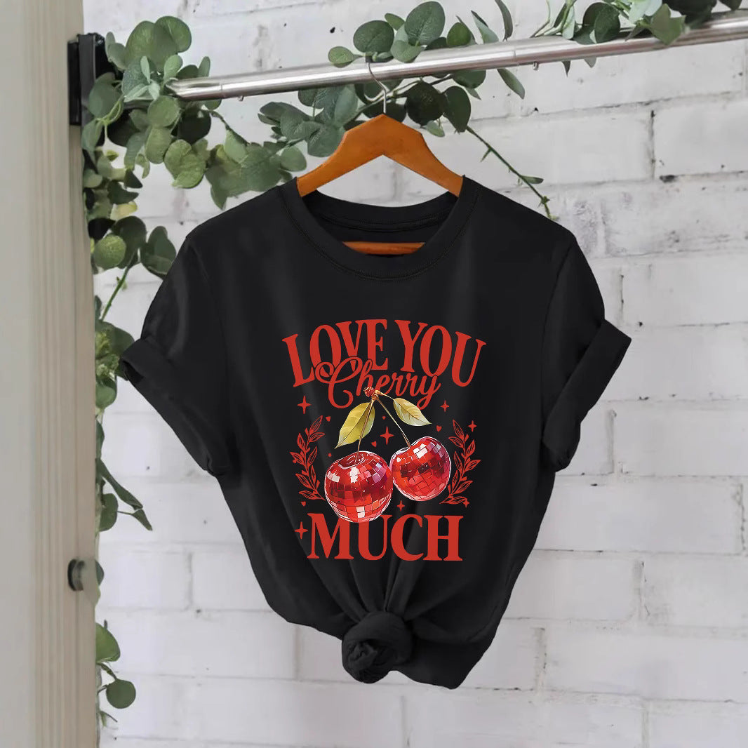 Women’s Cherry Graphic T-Shirt – Love You Cherry Much Short Sleeve Crew Neck Tee