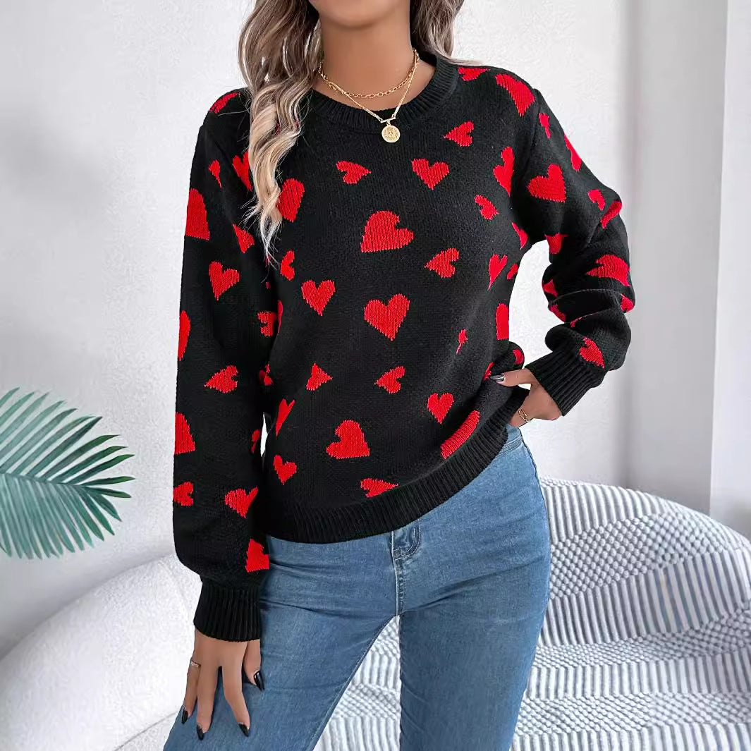 Women's Color-Blocked Love Heart Knit Sweater – Long Sleeve Lantern Sleeve Pullover