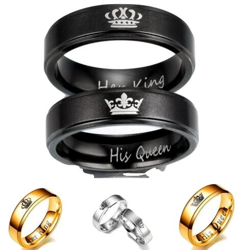 Her King and His Queen Matching Crown Couple Rings - Black Stainless Steel Band Set from Mish Mash Market