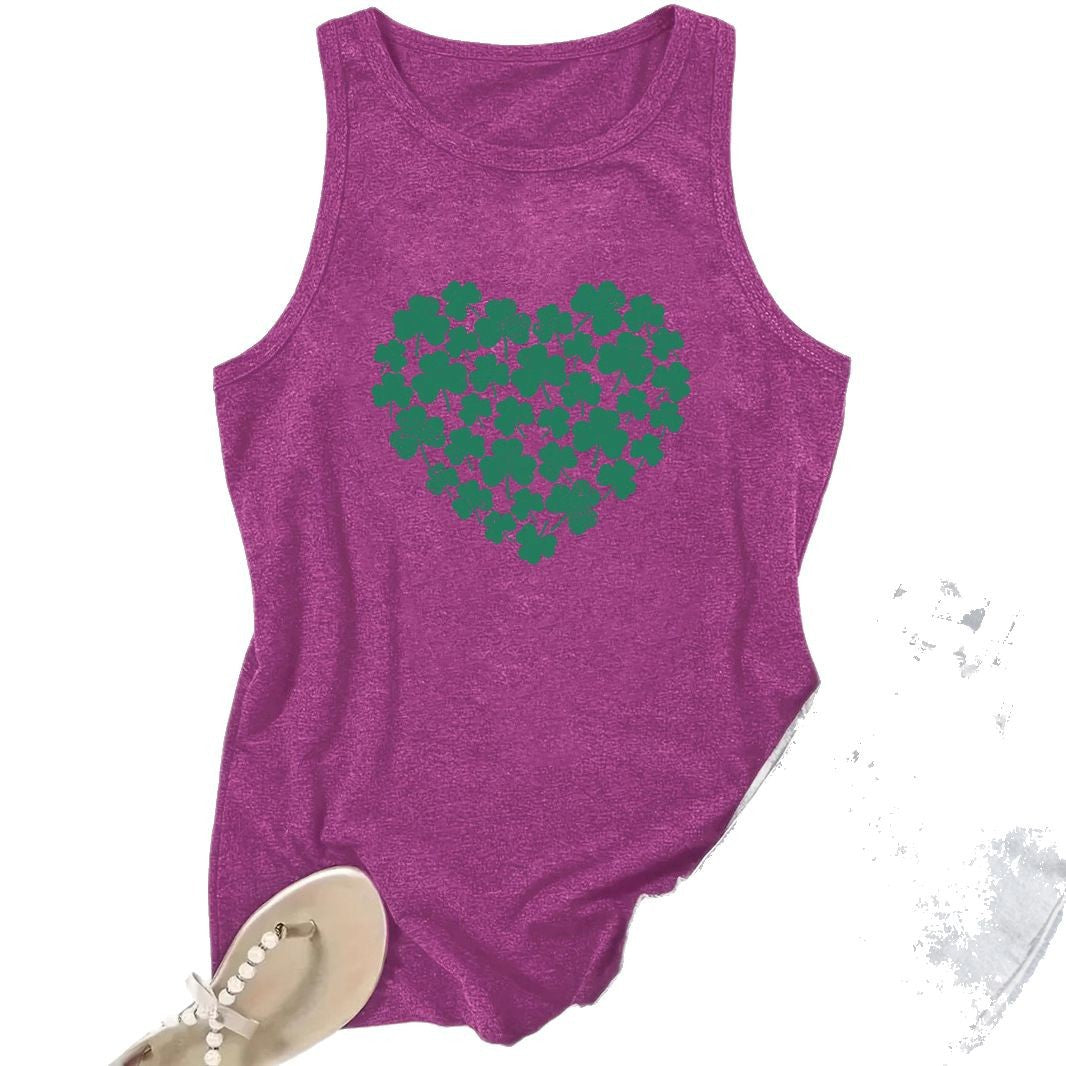 Lucky Clover Heart Printed Tank Top - Western Style Sleeveless Cotton Shirt from Mish Mash Market