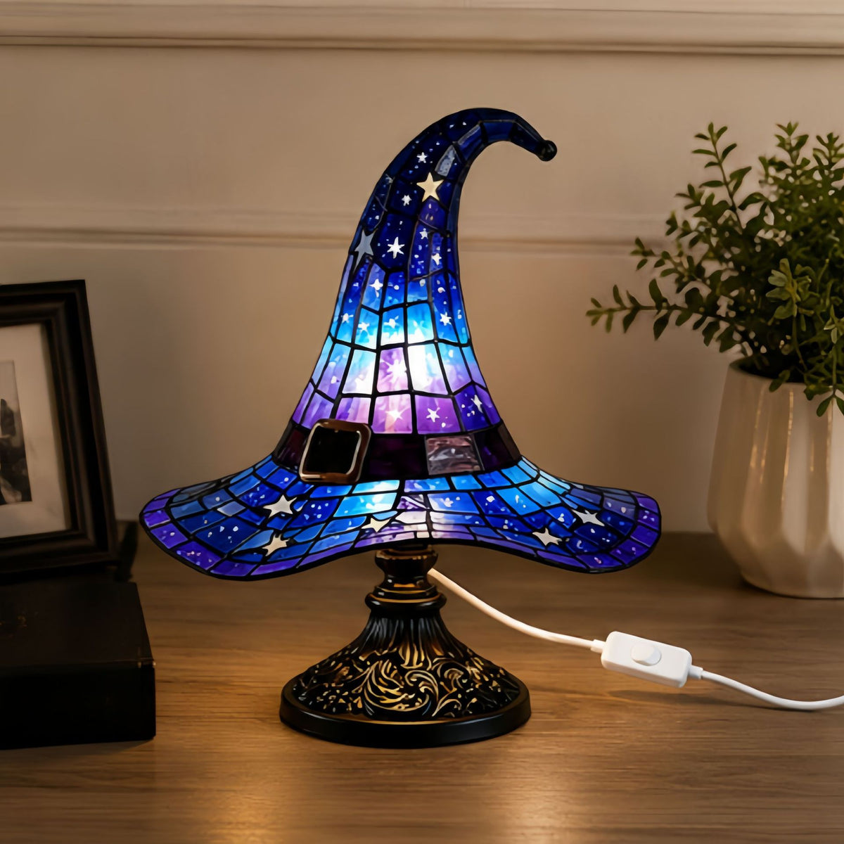 Stained Glass Witch Hat Table Lamp - USB Powered Halloween Resin Decor from Mish Mash Market