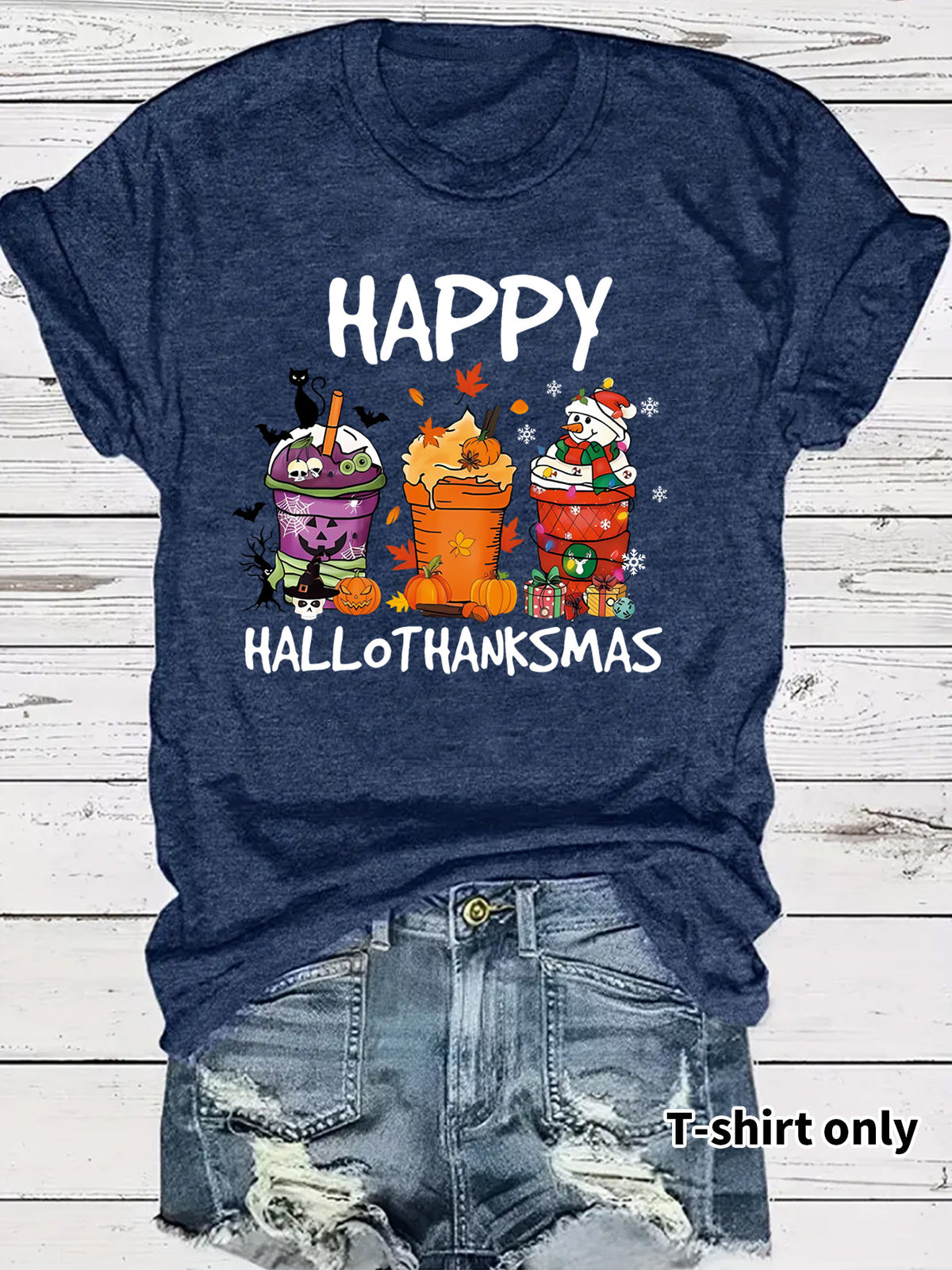 Women's Happy Hallothanksmas T-Shirt – Holiday Graphic Crew Neck Short Sleeve Top from Mish Mash Market
