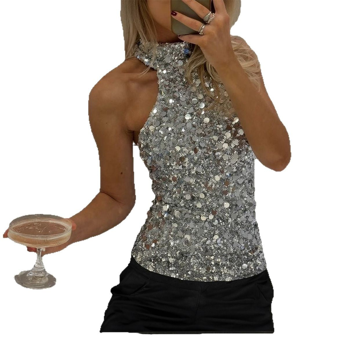 Women’s Sparkling Sequin Halter Top - Sleeveless High Neck Party Blouse