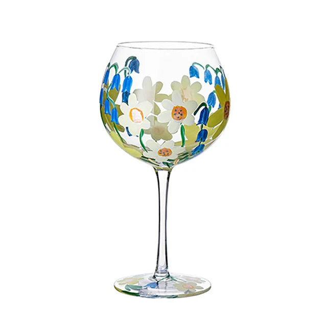 Nordic Hand-Painted Floral Wine Glass – Elegant Crystal Goblet for Weddings & Home