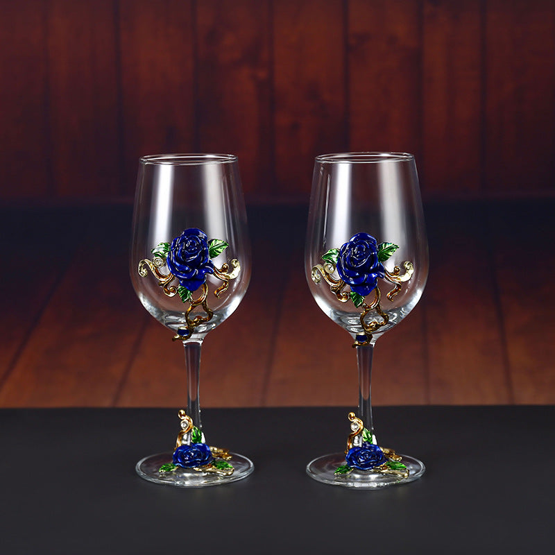 Handmade Enamel Crystal Wine Goblet with Vintage Floral Design and Matching Decanter