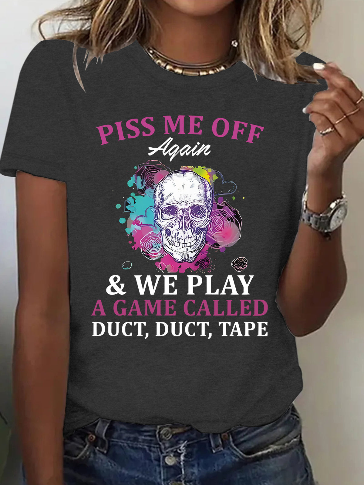 Women's "Duct Tape" Halloween Graphic Skull Short Sleeve Tee