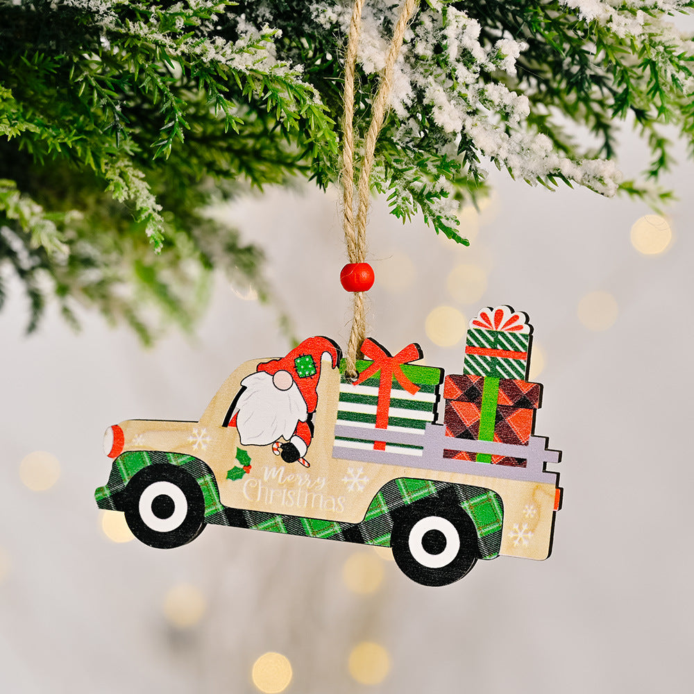 Wooden Gnome Christmas Truck Ornaments