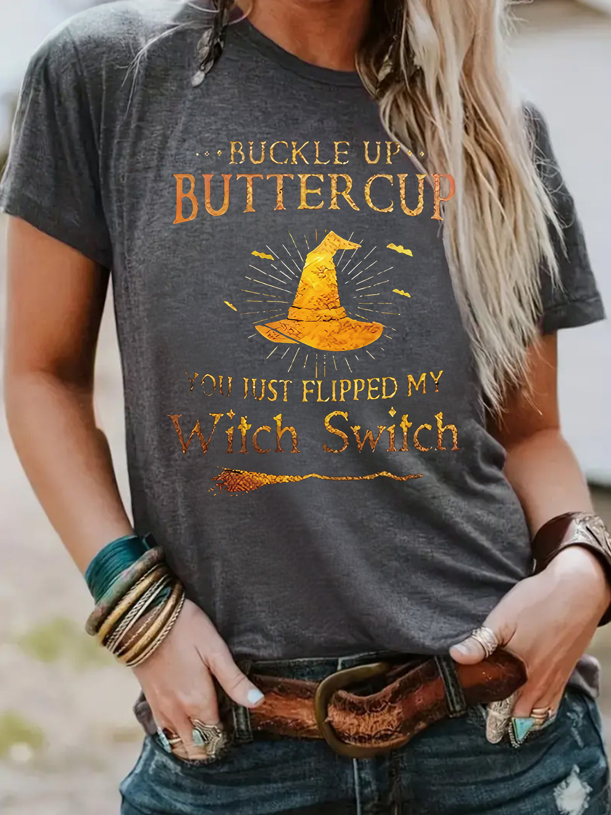 Buckle Up Buttercup You Just Flipped My Witch Switch Graphic T-Shirt from Mish Mash Market