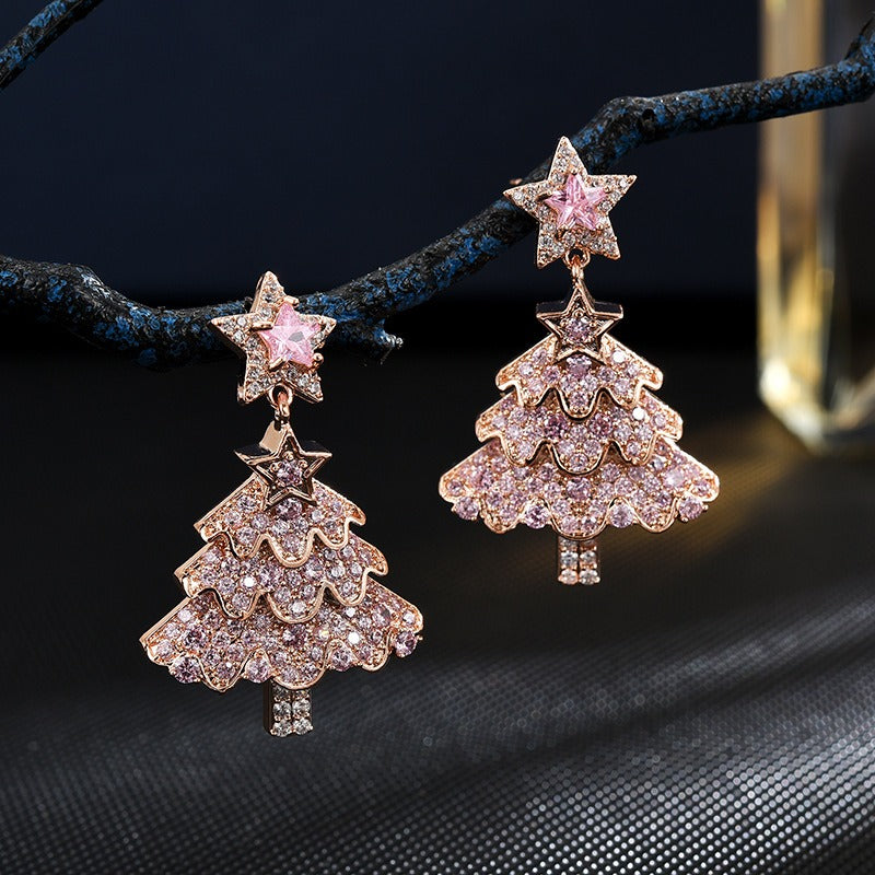 Silver Needle Zircon Star Christmas Tree Drop Earrings