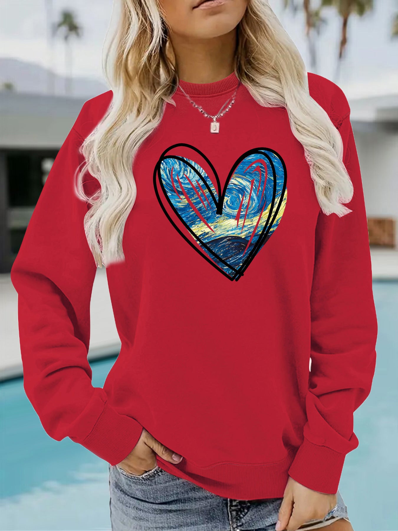 Heart Print Crewneck Sweatshirt - Abstract Graphic Pullover for Women from Mish Mash Market