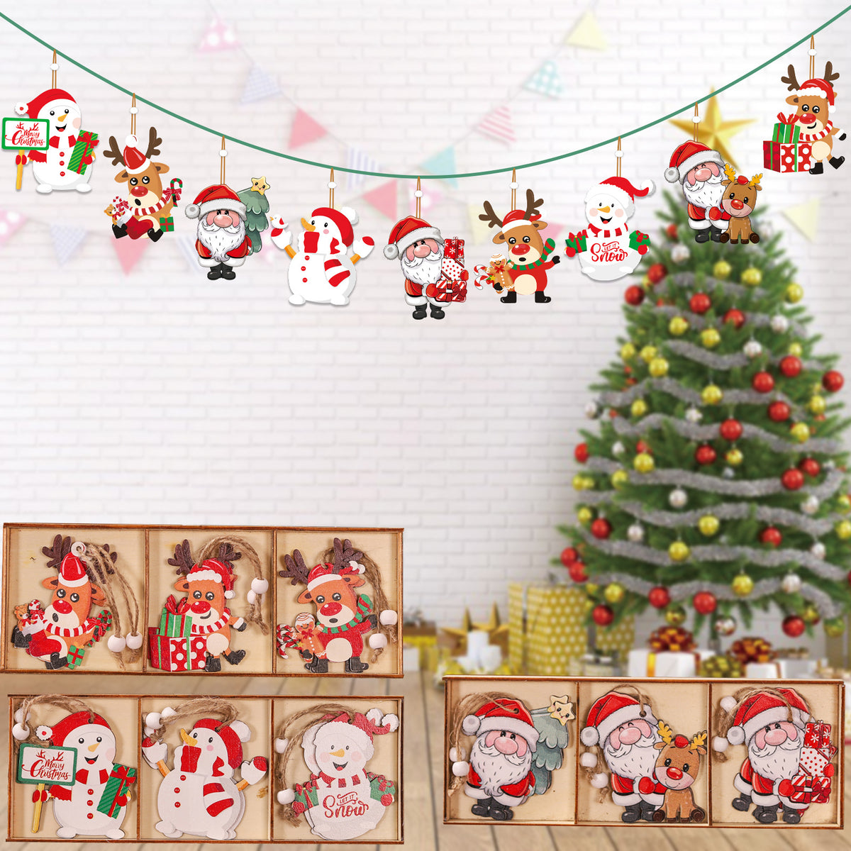 9-Piece Wooden Christmas Tree Ornaments Set
