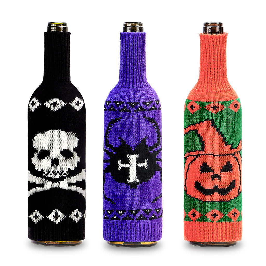 Halloween Knitted Wine Bottle Cover – Pumpkin, Skull, & Spider Table Decor from Mish Mash Market