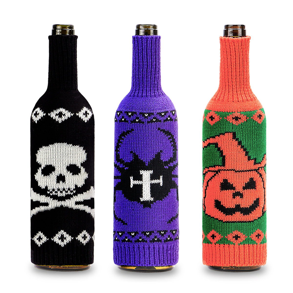 Halloween Knitted Wine Bottle Cover – Pumpkin, Skull, & Spider Table Decor from Mish Mash Market