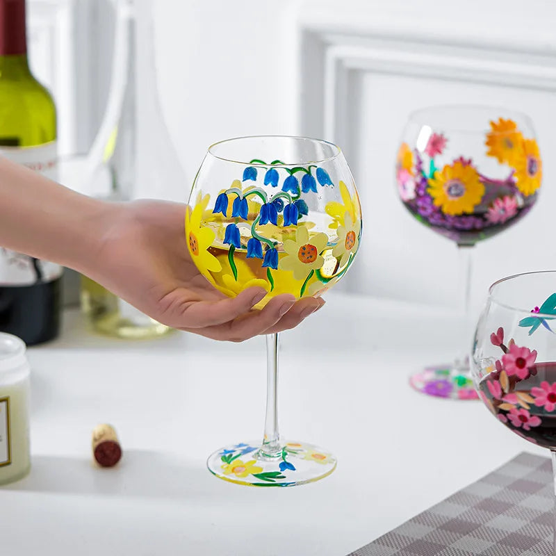 Nordic Hand-Painted Floral Wine Glass – Elegant Crystal Goblet for Weddings & Home