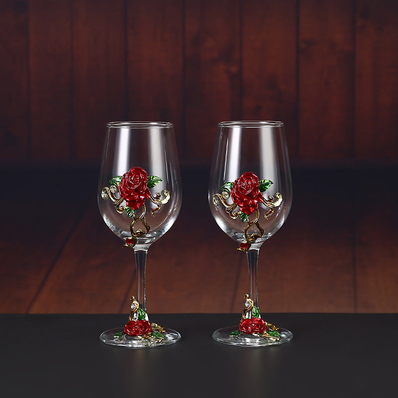 Handmade Enamel Crystal Wine Goblet with Vintage Floral Design and Matching Decanter