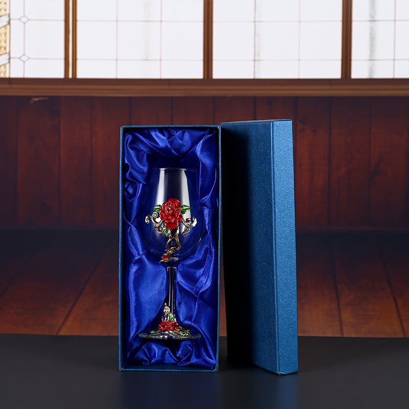 Handmade Enamel Crystal Wine Goblet with Vintage Floral Design and Matching Decanter