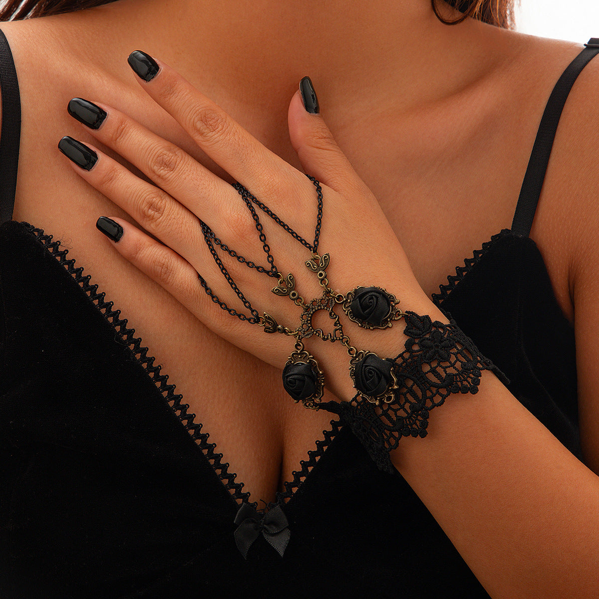 Gothic Lace Slave Bracelet with Ring – Halloween Punk Mesh Tassel Hand Chain from Mish Mash Market