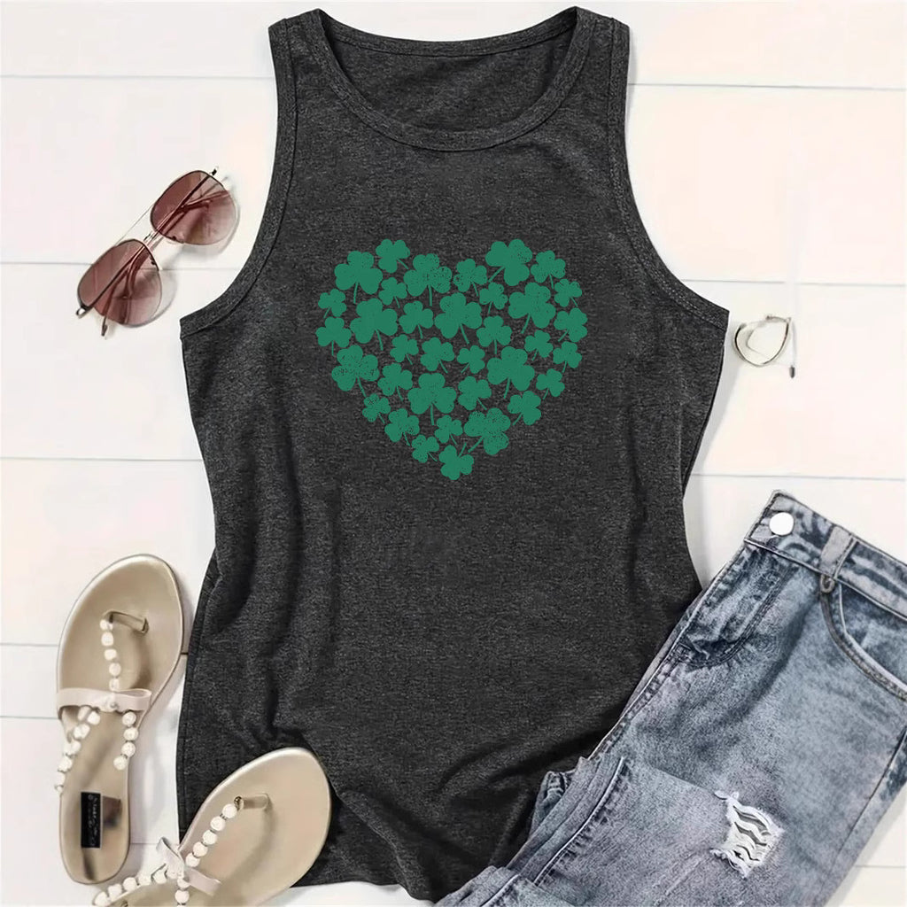 Lucky Clover Heart Printed Tank Top - Western Style Sleeveless Cotton Shirt from Mish Mash Market