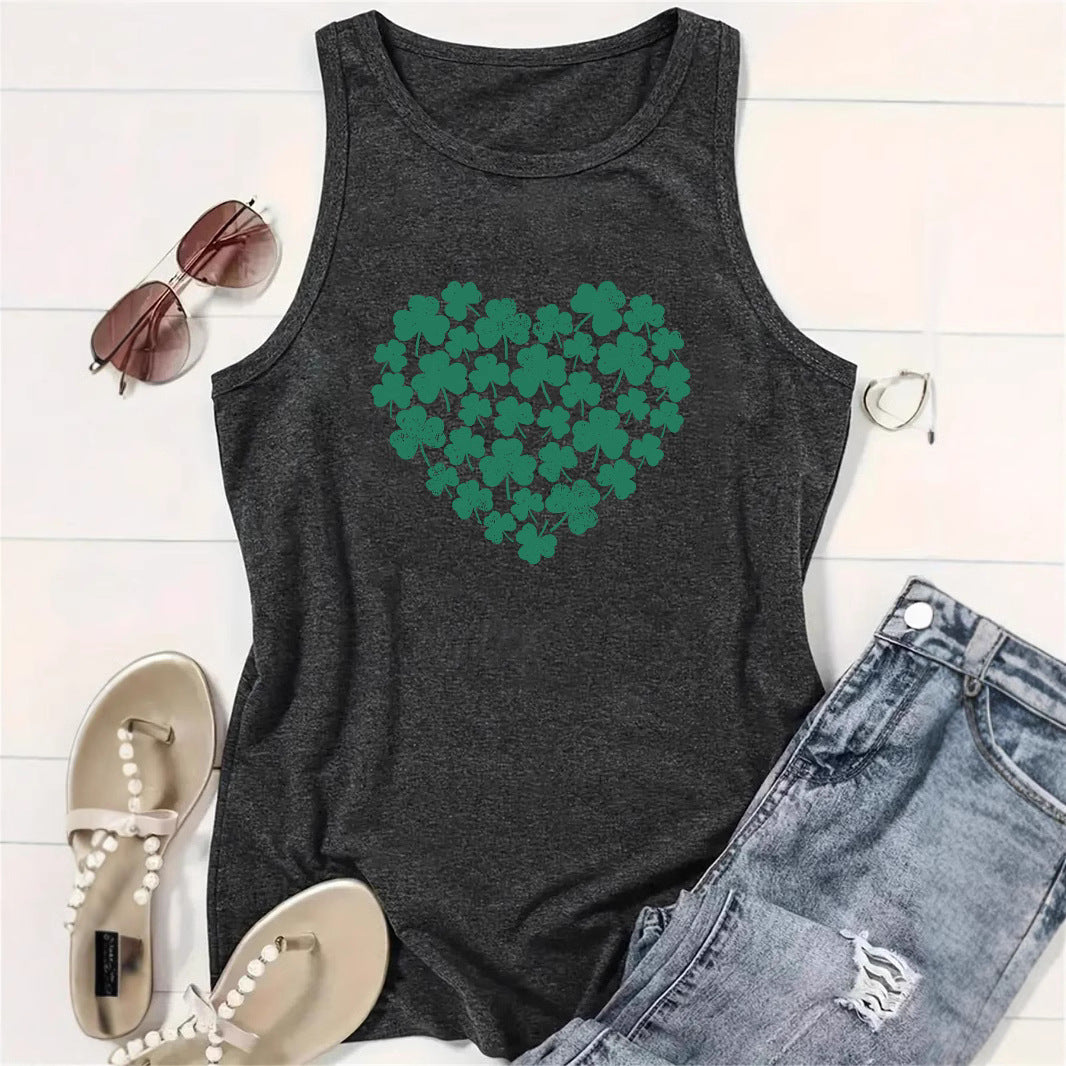 Lucky Clover Heart Printed Tank Top - Western Style Sleeveless Cotton Shirt from Mish Mash Market