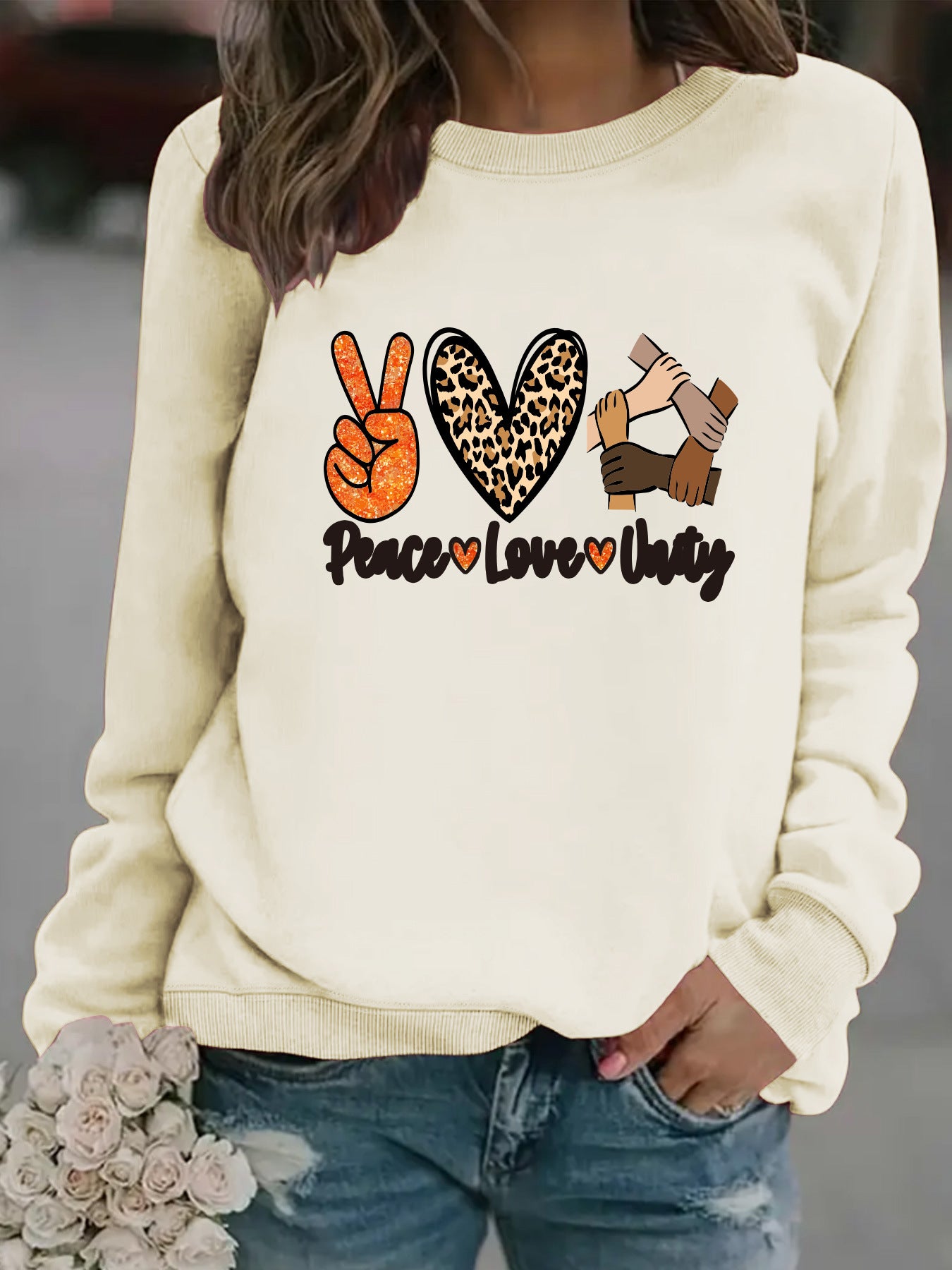 Women’s Peace Love Unity Printed Pullover – Casual Long Sleeve Crew Neck Graphic Sweatshirt