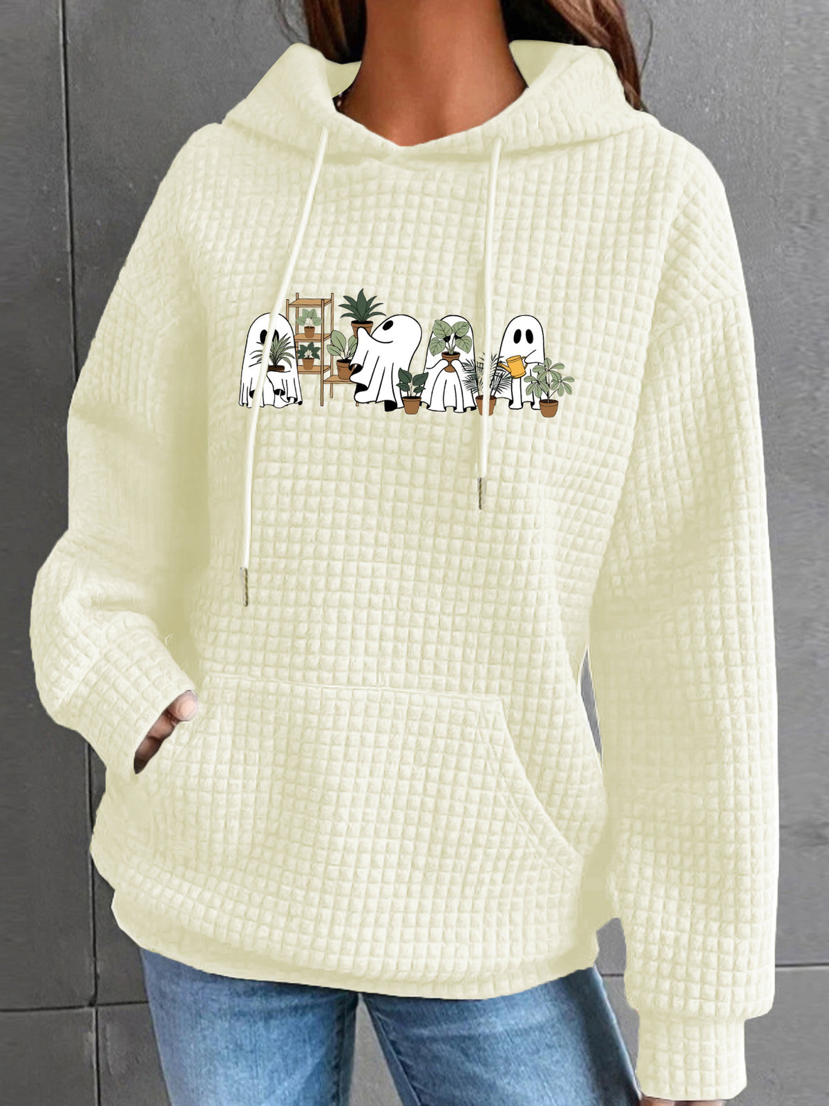 Women's Waffle Knit Halloween Ghost Graphic Hoodie with Kangaroo Pocket from Mish Mash Market