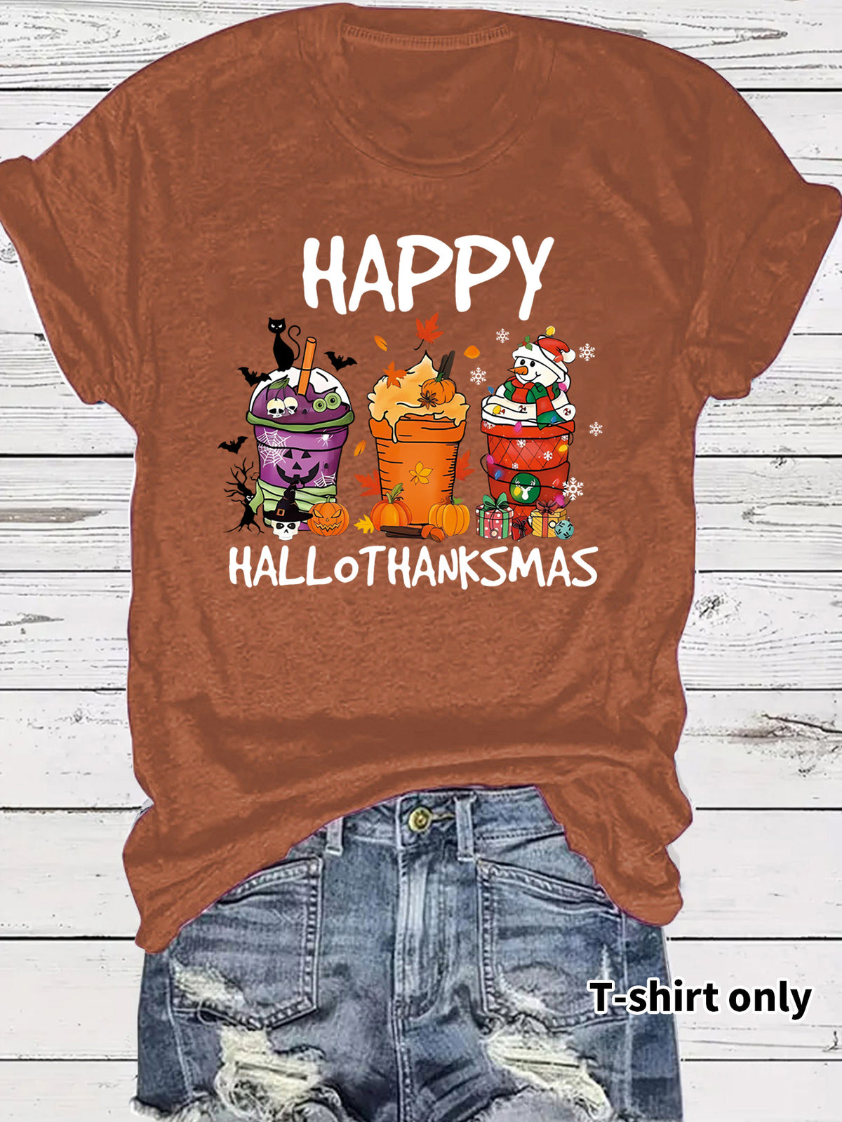 Women's Happy Hallothanksmas T-Shirt – Holiday Graphic Crew Neck Short Sleeve Top from Mish Mash Market