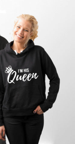 Couple Hooded Sweatshirt with Fleece Lining - I Am His King Queen Gold Letter Creative Sweatshirt from Mish Mash Market
